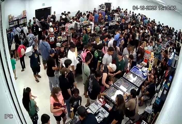 GetNutz x Paradise Show — security camera overhead view of packed vendor floor at 4:18 PM on April 19, 2026