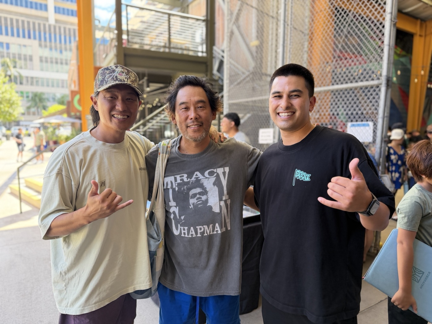 David Choe with two Keep It Aloha organizers at SALT at Our Kaka'ako