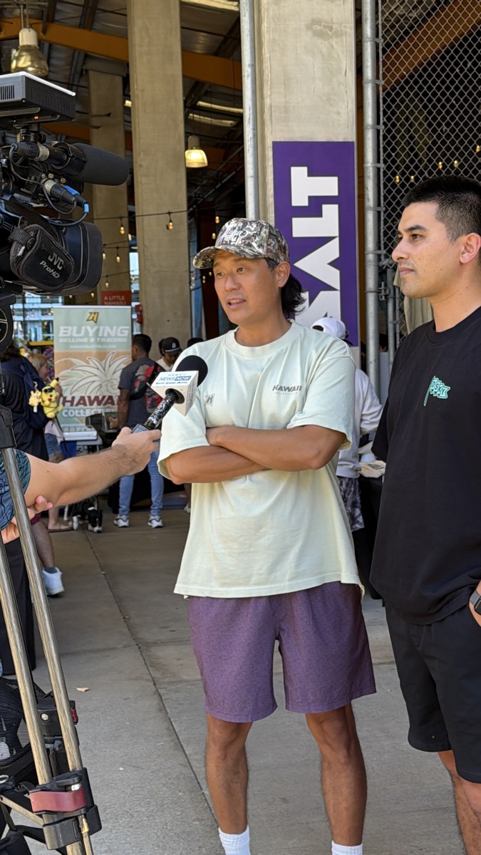 Kamaka and Daniel being interviewed by a Hawaii News Now camera crew at Keep It Aloha